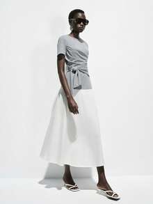 Lumivelle Gray French Style Pleated Tie-Waist Short Sleeve A-Line Dress, Casual Slimming Elegant Long Dress - Multicolor - View 3