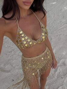 SHEIN Swim Vcay Bộ đồ 2 món mùa hè đi biển: Áo yếm đính sequin khoét lỗ và chân váy tua rua. - Màu Khaki - Xem 2