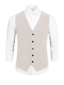 Manfinity Nomadique Men's Solid Black Single-Breasted Casual Business Vest, Holiday - Apricot - View 3