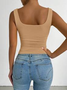 SHEIN PETITE 杏色方領修身收腰抓皺無袖背心上衣，夏季時尚休閒日常街頭風，適合度假，小個女款 - 卡其色 - 查看 2