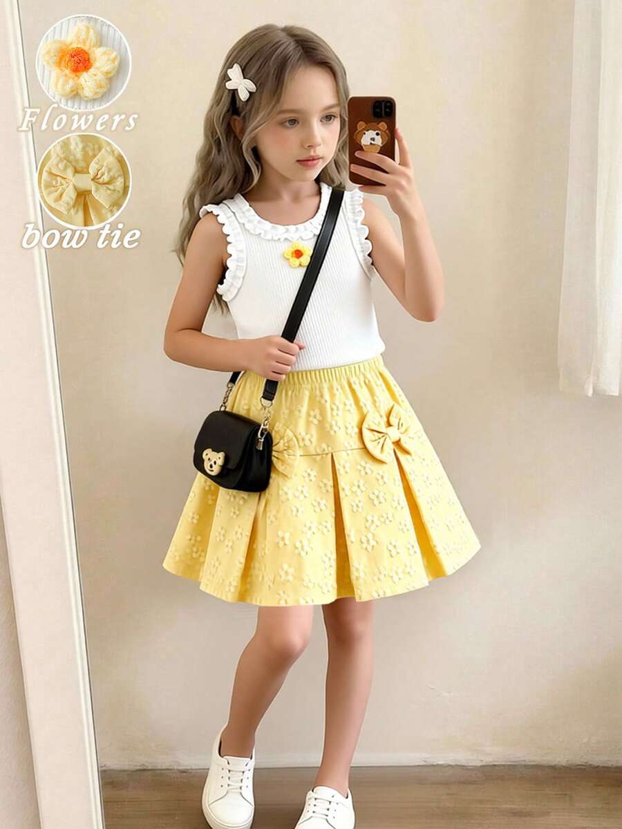Genkimix Kids 两件套女童罗纹针织纯色无袖荷叶边下摆背心和迷你裙套装，适合休闲、度假、运动、夏季穿着。
