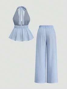 Sweetra Bộ đồ nữ 2 món: Áo hai dây hở lưng in họa tiết kẻ sọc và quần ống rộng có dây rút, kiểu dáng thường ngày. - Xanh và trắng - Xem 2