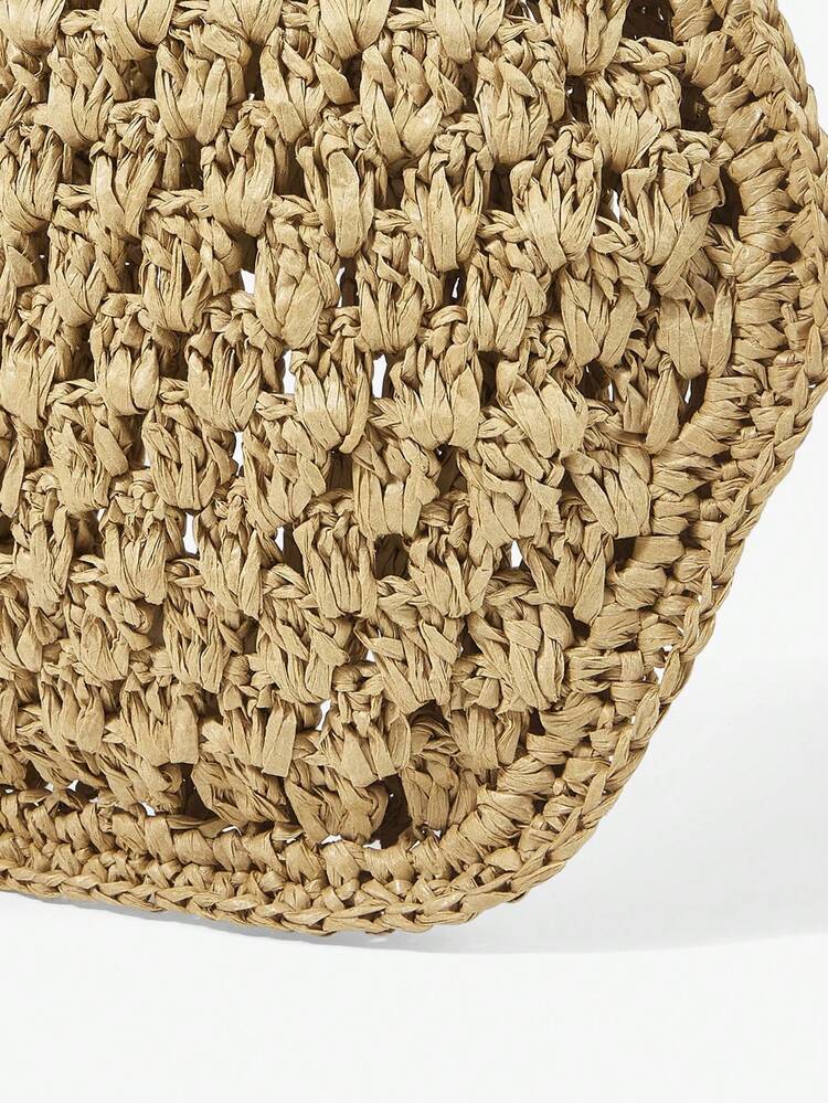 SHEIN Maija Ladies, Women Top Handle Bags, Straw Bag, Straw Woven Bag, Silver Metal Handle, Fashionable, Elegant, Simple, Personalized, Versatile, For Beach, Vacation, Holiday, Summer, Seaside, Beach Party