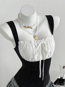 Elamini YK2 Women's Retro Sweet & Spicy Waist Cinched Patchwork Striped Shirred Camisole Top Gyaru Black And White Tops Women's Summer Tops Pinstripe Corset Top Singlet Layered Jewelry Women's Tops For Summer Women's Corset Cute Outfit Trending Outfit Cute Clothes Nice Outfit Women's Summer Outfits Cute Outfits For Women Women Outfit - Black - View 7