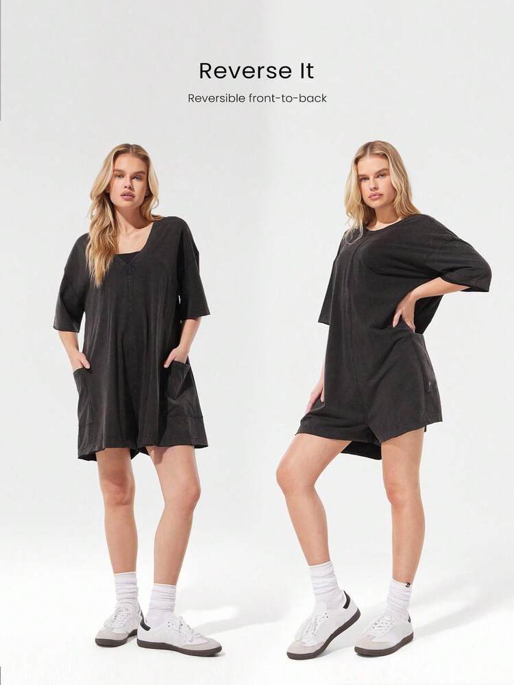 3" Washed Pima Cotton Free  Stretchy Lightweight Reversible Removable Drawstring Waist Pockets Romper Bodysuit Daily Casual Wear Spring Summer