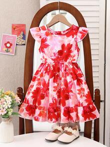 SHEIN Elladie kids 女童春夏休闲时尚新款连衣裙，背面饰有红色蝴蝶结，梭织面料印有彩色花卉图案，无袖修身A字连衣裙，面料柔软舒适，适合可爱、休闲、日常、上学、度假、派对等场合。儿童时尚红色蝴蝶结连衣裙，童装，可爱女童连衣裙，女童花卉连衣裙，夏季服装，优雅派对连衣裙，柔软连衣裙。儿童连衣裙，儿童花卉连衣裙，夏季服装，柔软连衣裙。 - 紅色 - 查看 2