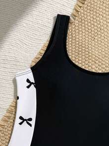 SHEIN 少女度假休闲运动风，时尚百搭，蝴蝶结印花，适合游泳、暑假、海滩、海边、泳池、夏季派对、休闲度假 - 黑與白 - 查看 5