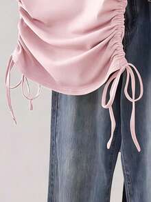 Resyla 女士纯色V领短袖抽绳休闲T恤 - 粉色 - 查看 3