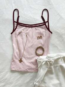SHEIN Women's Wine Red Contrast Trim Spaghetti Strap Camisole Tank Top, Suitable For Travel, Beach, Summer - Pink - View 2