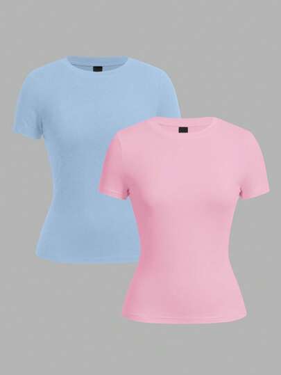 SHEIN EZwear Bộ 2 áo thun ngắn tay cổ tròn màu xanh nhạt và hồng tối giản, kiểu dáng thường ngày, dễ phối đồ cho mùa xuân/hè.