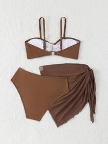 SHEIN Teen Girls' Swimsuit Black Bikini Three Pieces Beachwear - Khaki - View 2