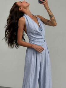 Aloruh 两件套：优雅简约混纺亚麻彩色休闲商务套装，适合春夏音乐节、复活节、圣帕特里克节、西部风、游牧风、生日派对、毕业典礼、学院风、学生装、日常穿着、休闲装、度假、邮轮旅行、海滩、日光浴、畅销款、街头风、婚礼宾客波西米亚风、通勤、早午餐、机场造型等场合。套装包含一件不对称打结设计的棕色纹理短款上衣和一条阔腿亚麻裤。 - 淺藍色 - 查看 7