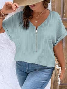 EMERY ROSE Plus Size Women's Solid Color Simple Daily Short Sleeve Shirt For New Year Clothes - Baby Blue - View 5