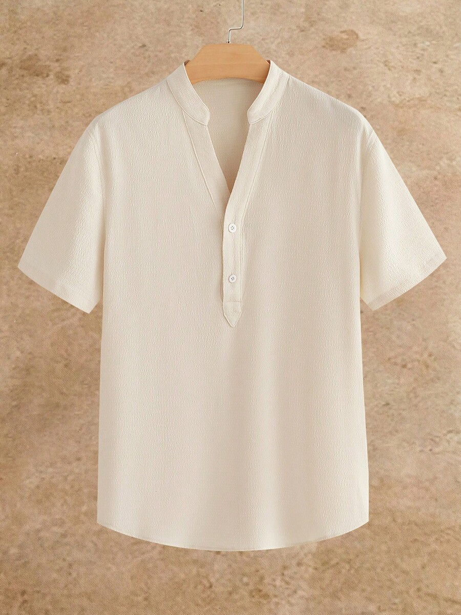 HIMLAND Áo sơ mi nam dáng rộng, màu trơn, cài nửa khuy. - Màu Khaki - Xem 1