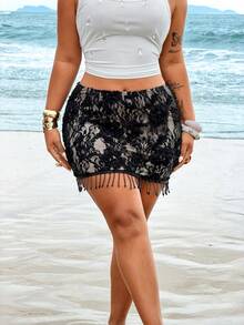 Rustia Minifalda ajustado bordada para mujer talla grande, falda sexy con decoración de flecos, adecuada para vacaciones y citas de primavera/verano - Negro - Ver 3