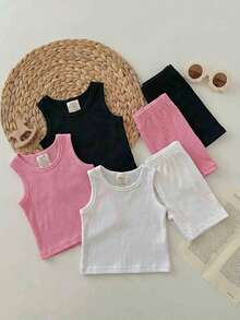 6pcs/Set Baby Girl Casual Knit Solid Color Camisole & Elastic Waist Skinny Shorts Set - Multicolor - View 6
