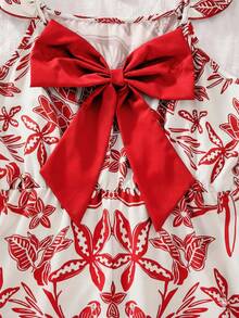 Sparklyn Romper Anak Perempuan Motif Tanaman Tropis dengan Lengan Bergelombang, Desain Pita di Bagian Belakang, dan Detail Bunga di Bagian Bawah, Potongan Longgar untuk Gaya Liburan Musim Panas yang Santai - MultiWarna - View 4