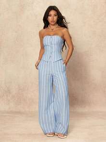 SHEIN PETITE 女款條紋單排扣抹胸上衣與寬腿褲兩件套 - 淺藍色 - 查看 7