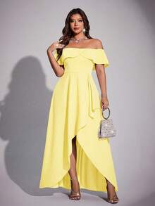 Viva Relle Plus Size Women Elegant Romantic Off-Shoulder Fitted Fishtail Dress, Spring/Summer - Yellow - View 1