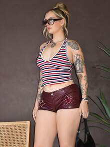 Arliah 性感深V领彩虹条纹紧身吊带背心 - 彩色 - 查看 6