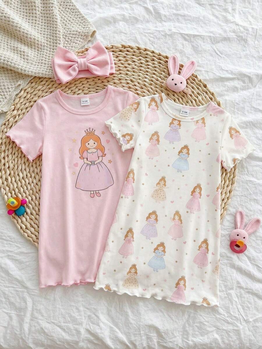 两件套可爱小仙女图案女婴睡衣，荷叶边睡裙，粉色夏季甜美少女风，可爱舒适，2026新款度假氛围轻松舒适女童套装，女婴服装 - 彩色 - 查看 1