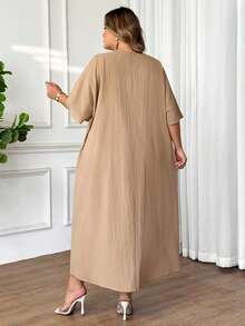 SHEIN CURVE+ 大码女式V领宽松休闲短袖连衣裙 - 卡其色 - 查看 2