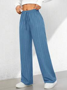 SHEIN PETITE Quần lửng ống rộng chất liệu có họa tiết, kiểu dáng thường ngày, thích hợp cho mùa hè. - Màu xanh lam - Xem 6