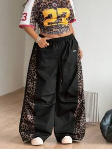 Coolane 加大码豹纹拼接阔腿裤 - 黑色 - 查看 7
