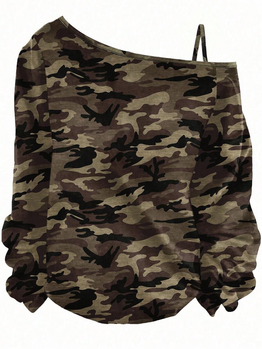 SHEIN Essnce Camiseta casual de mujer con estampado de camuflaje asimétrico y un solo hombro sin mangas, para primavera/otoño - Multicolor - Ver 1