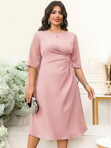 Reflora Plus Size Women Solid Color Round Neck Ruched Fashionable Date Dress - Pink - View 4