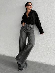 ZIRRA 女士休闲日常通勤时尚街头高腰宽松阔腿牛仔裤 - 灰色 - 查看 5