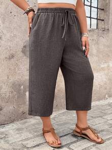 Plus Size Women Casual Pants, Comfortable Textured Capri Pants, Spring & Summer Countryside Vacation - Brown - View 3