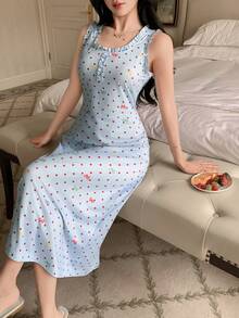 DAZY Sweet Polka Dot Bow Tie Print Ruched Flounce Decor Sleeveless Cinched Waist Dress, Summer Sleepwear For Women - Baby Blue - View 4
