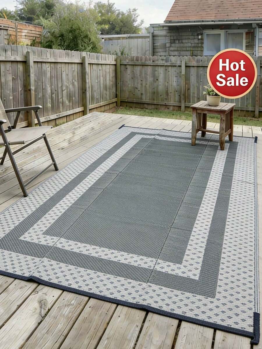 1pc Reversible Waterproof Plastic Grass Mat, Durable Non-Slip Outdoor Rug For Garden, Patio, Camping, Pool, Backyard, Balcony, Picnic, All-Weather Plastic Carpet For Outdoor Entrance (Black And Beige) - A - View 1