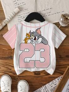 TOM & JERRY X SHEIN Young Girl Summer Casual Colorblock Striped Cartoon Print T-Shirt - White - View 2