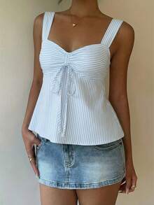 SHEIN Light Blue Casual Women's Drawstring Camisole, Outdoor Top, Vacation, Cute Summer Top - Baby Blue - View 5