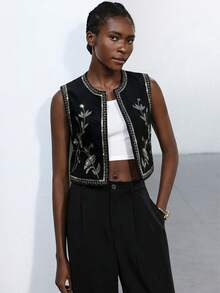 Aveloria Modichic Retro Beaded Embroidered Velvet Sleeveless Short Jacket Vest For Women - Black - View 5