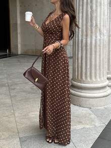 Rafferiza Bộ jumpsuit ống rộng bằng chiffon đính ngọc trai, cổ chữ V, eo xếp ly, thanh lịch, thích hợp làm trang phục dự tiệc cưới, màu tím. - Cà phê nâu - Xem 7