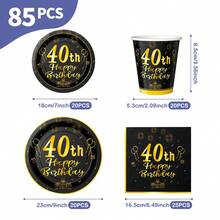 Platos, servilletas y vasos desechables conmemorativos del 40 cumpleaños en negro y dorado, sirve para 20 invitados. Este conjunto de fiesta desechable (que incluye platos, servilletas y vasos) es perfecto para fiestas de cumpleaños, bodas y picnics familiares. - Ver 2