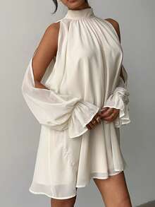 Aloruh 女士夏季新款杏色优雅性感简约时尚浪漫约会婚礼宾客外出派对露肩雪纺迷你连衣裙 - 杏色 - 查看 9