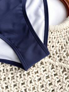 SHEIN 适合青少年女孩的纯色无肩带系带金属饰品比基尼套装，夏季泳装套装/沙滩女孩装/两件式泳衣/青少年比基尼套装 - 藏蓝色 - 查看 6