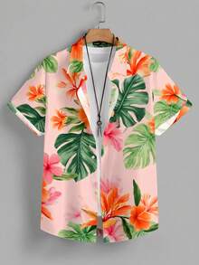VIVINTIMO Camisa de manga corta casual de verano para hombres con estampado de hojas y cuello de tortuga - Rosa - Ver 2