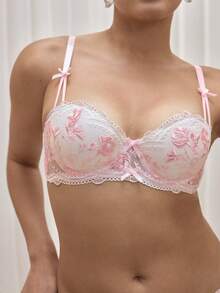 Bralution 1 pieza Conjunto de lencería de muñeca bordada de malla, copa acolchada con aro, ropa interior para dormir íntima para vacaciones de verano, sujetador rosado femenino - Rosa - Ver 2