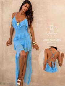 SHEIN Glamour 女士迷你连衣裙，吊带荷叶边V领连衣裙，吊带露背连衣裙，网纱不对称下摆连衣裙 - 淺藍色 - 查看 9