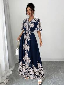 Rafferiza 女式夏季假日花卉 A 字短袖长裙 - 藏蓝色 - 查看 4