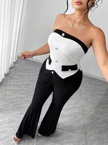 Elenzga Ensemble 2 pièces grande taille pour femmes, nouveau, sexy, élégant, minimaliste, avec débardeur asymétrique bicolore + pantalon évasé à taille élastique ajustée. Design polyvalent et à la mode pour un look décontracté - Multicolore - Voir 5