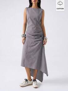 LYSMO 女士夏季休闲度假风印花抽绳腰褶皱无袖连衣裙，夏季连衣裙，春季服装 - 彩色 - 查看 1