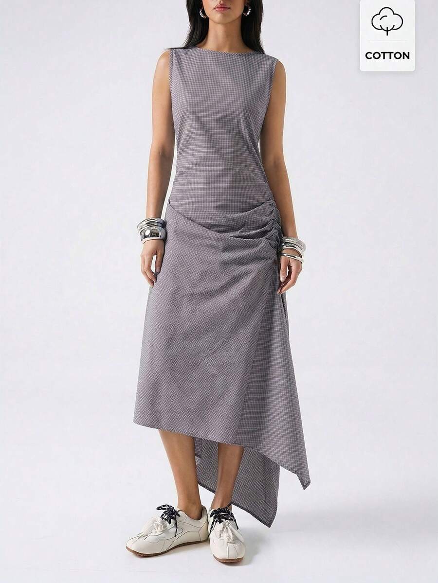 LYSMO 女士夏季休闲度假风印花抽绳腰褶皱无袖连衣裙，夏季连衣裙，春季服装 - 彩色 - 查看 1