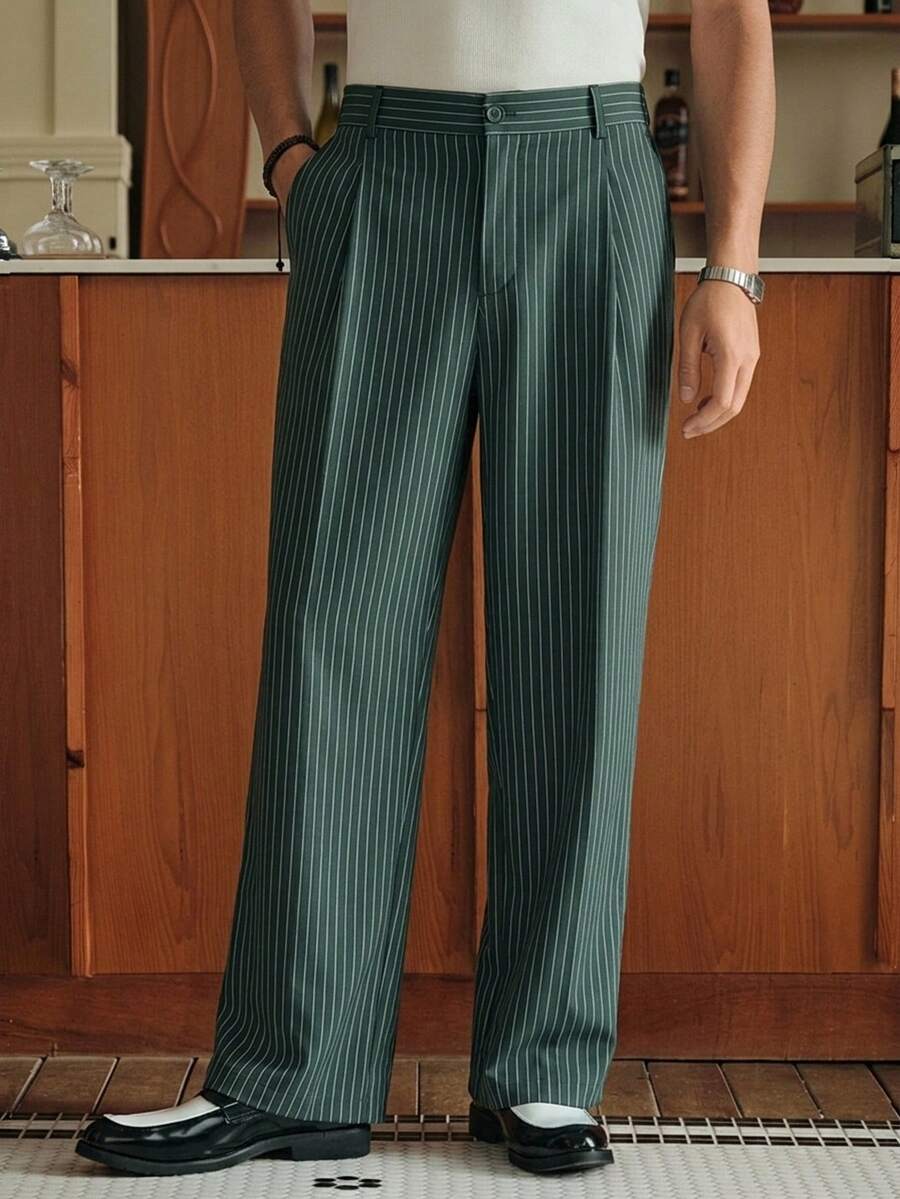 SWAVVY Men's Striped Zipper Button Pocket Pants With Belt Loops, Minimalist Design Suitable For Office & Outings - Dark Green - View 1