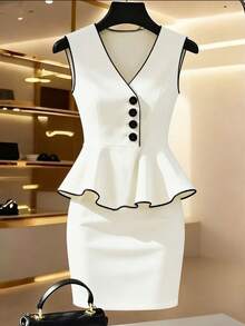 SHEIN PETITE Conjunto de 2 piezas elegante de verano para oficina en blanco y negro para mujer, top sin mangas con cuello en V, botones asimétricos, volantes en el bajo y peplum, y minifalda ajustada, vestido de estilo clásico para mujeres petite - Blanco y Negro - Ver 1